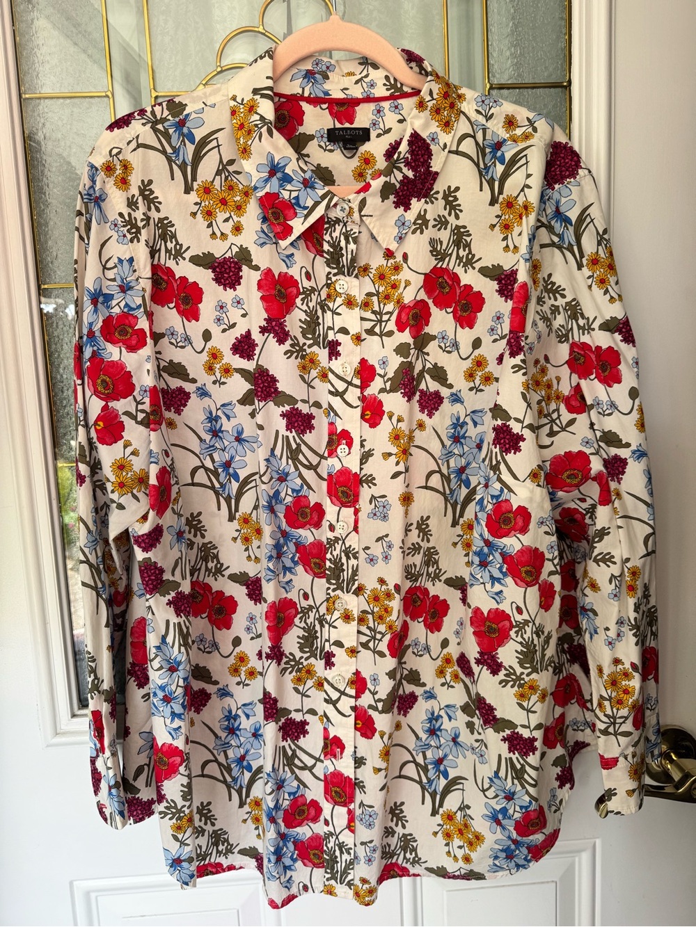 Talbots Cream Floral Button-Front Blouse with Multi-colored Blooms
